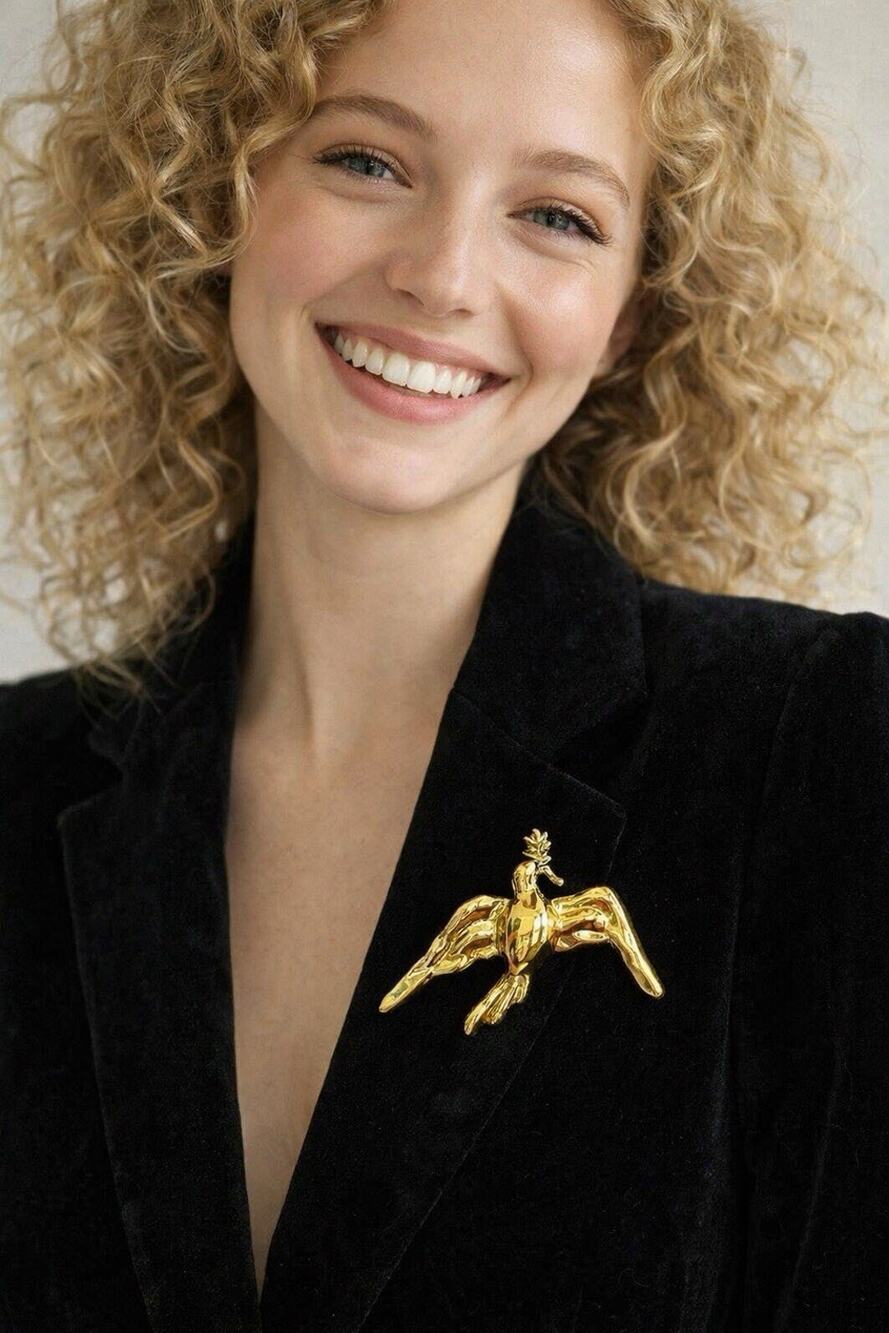 Bird Brooch Zara Pin Gold Flying Statement Sculptural Lapel Boho Leaf VTG Eagle